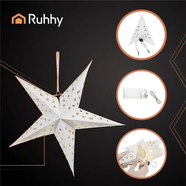 Ruhhy 3D LED-ster 60 cm - Witte hangende decoratiester met maan- en sterrenmotief en lichtsnoer