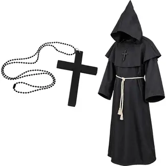 Glimz Monnikenkostuum zwart 130 cm - Lange monnikspij met capuchon, taillekoord en kruisketting