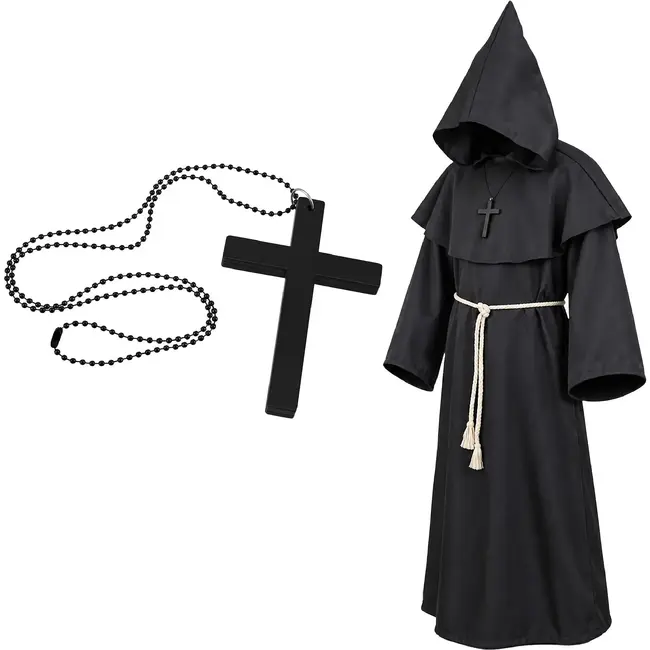 Glimz Monnikenkostuum zwart 130 cm - Lange monnikspij met capuchon, taillekoord en kruisketting
