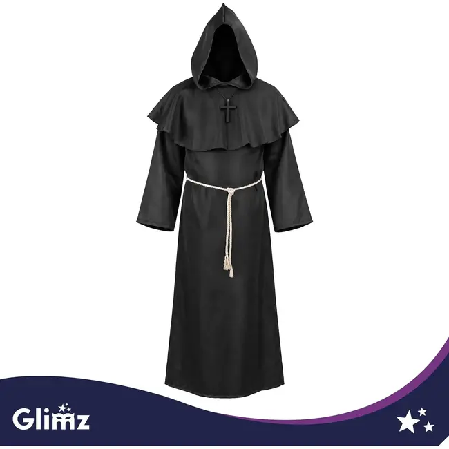 Glimz Monnikenkostuum zwart 130 cm - Lange monnikspij met capuchon, taillekoord en kruisketting
