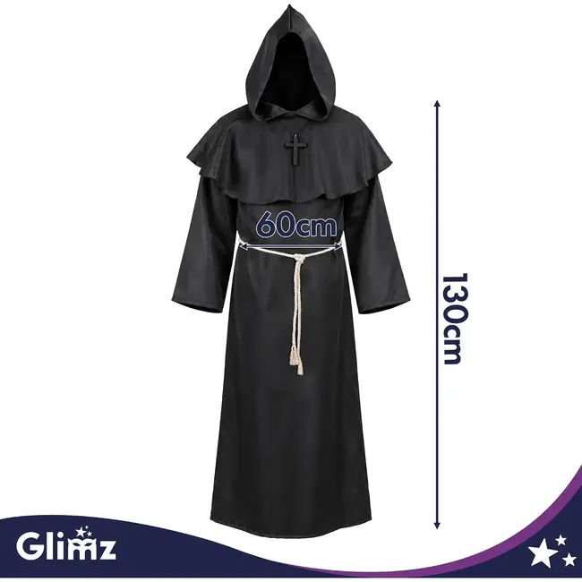 Glimz Monnikenkostuum zwart 130 cm - Lange monnikspij met capuchon, taillekoord en kruisketting
