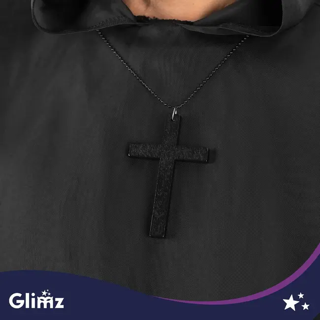 Glimz Monnikenkostuum zwart 130 cm - Lange monnikspij met capuchon, taillekoord en kruisketting
