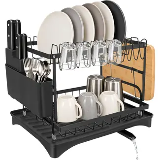 Zortiva Afdruiprek 2-laags 42 x 30 x 31,5 cm - Zwart met bestekbak, bekerhouder en waterafvoer