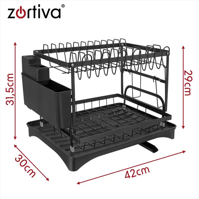 Zortiva Afdruiprek 2-laags 42 x 30 x 31,5 cm - Zwart met bestekbak, bekerhouder en waterafvoer