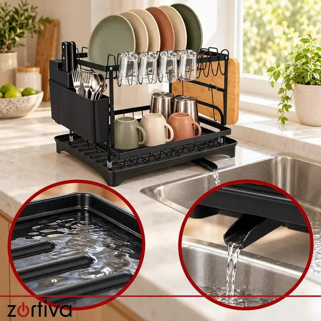 Zortiva Afdruiprek 2-laags 42 x 30 x 31,5 cm - Zwart met bestekbak, bekerhouder en waterafvoer