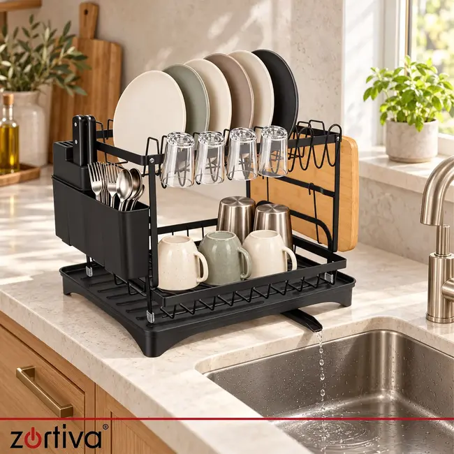 Zortiva Afdruiprek 2-laags 42 x 30 x 31,5 cm - Zwart met bestekbak, bekerhouder en waterafvoer