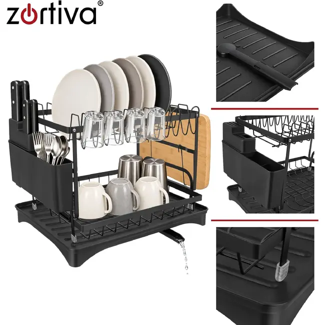 Zortiva Afdruiprek 2-laags 42 x 30 x 31,5 cm - Zwart met bestekbak, bekerhouder en waterafvoer