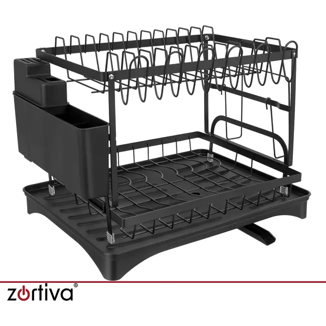 Zortiva Afdruiprek 2-laags 42 x 30 x 31,5 cm - Zwart met bestekbak, bekerhouder en waterafvoer