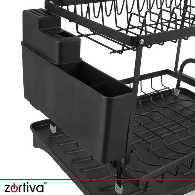 Zortiva Afdruiprek 2-laags 42 x 30 x 31,5 cm - Zwart met bestekbak, bekerhouder en waterafvoer