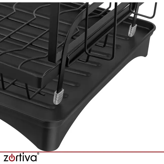 Zortiva Afdruiprek 2-laags 42 x 30 x 31,5 cm - Zwart met bestekbak, bekerhouder en waterafvoer