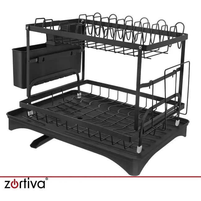 Zortiva Afdruiprek 2-laags 42 x 30 x 31,5 cm - Zwart met bestekbak, bekerhouder en waterafvoer