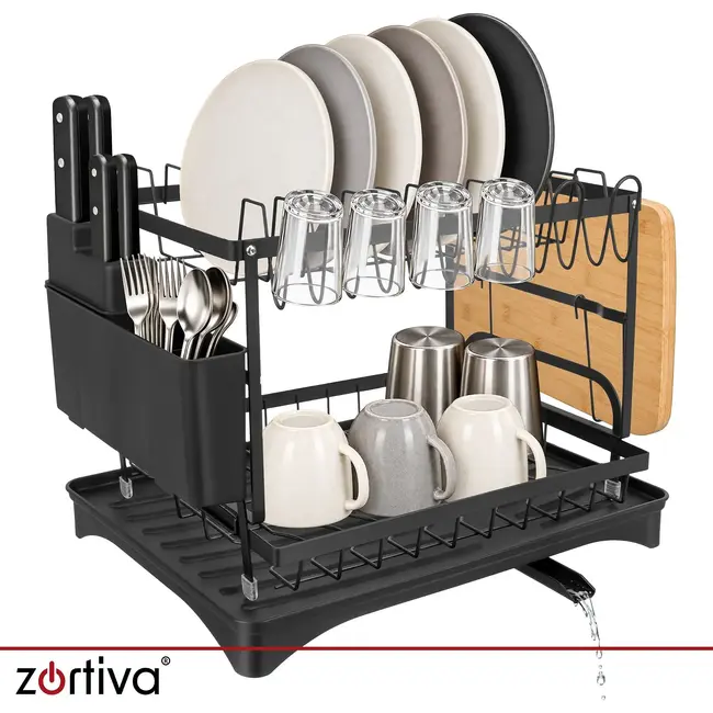 Zortiva Afdruiprek 2-laags 42 x 30 x 31,5 cm - Zwart met bestekbak, bekerhouder en waterafvoer