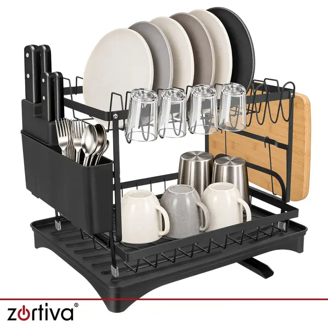 Zortiva Afdruiprek 2-laags 42 x 30 x 31,5 cm - Zwart met bestekbak, bekerhouder en waterafvoer