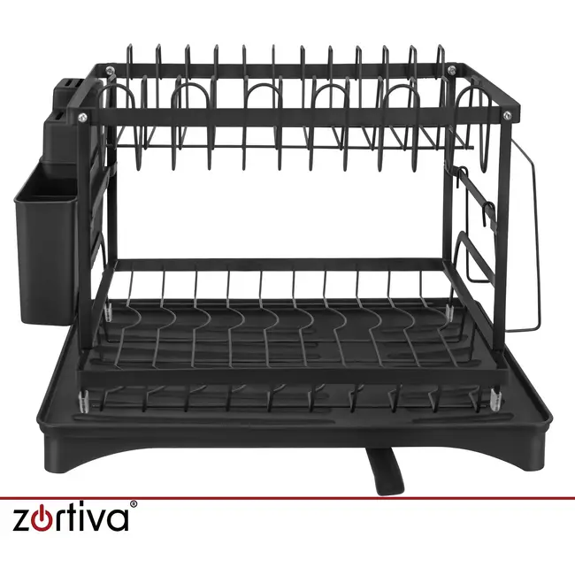 Zortiva Afdruiprek 2-laags 42 x 30 x 31,5 cm - Zwart met bestekbak, bekerhouder en waterafvoer