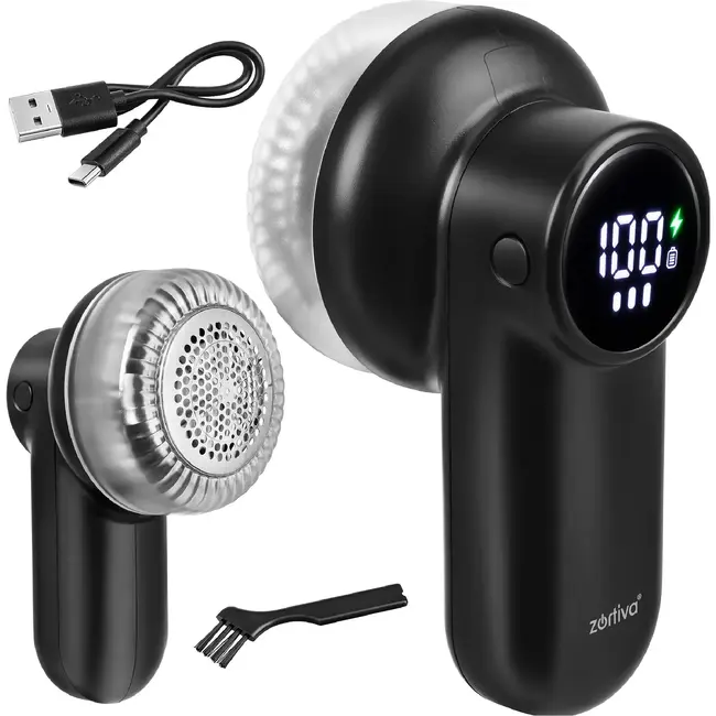 Zortiva Kledingtrimmer draadloos met 6 mesjes - 3 snelheden, LED-display en USB-C oplaadbaar - Zwart
