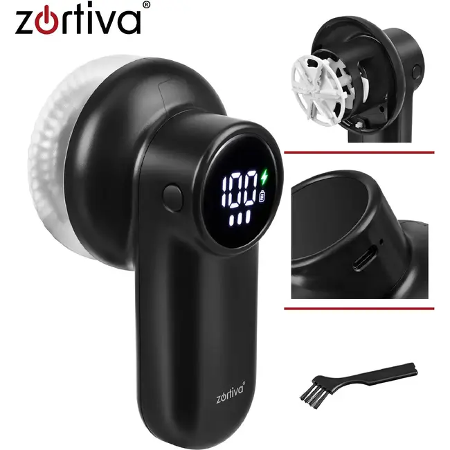 Zortiva Kledingtrimmer draadloos met 6 mesjes - 3 snelheden, LED-display en USB-C oplaadbaar - Zwart