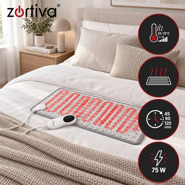Zortiva Elektrisch verwarmingskussen 60 x 30 cm - 85 W, 10 warmtestanden, timer en zachte stof