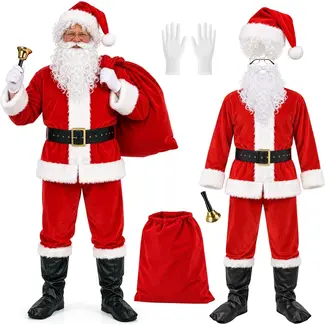 Glimz Kerstmanpak 13-delig - Met baard, pruik, muts, bril, riem, cadeauzak en bel voor kerst