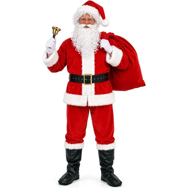 Glimz Kerstmanpak 13-delig - Met baard, pruik, muts, bril, riem, cadeauzak en bel voor kerst