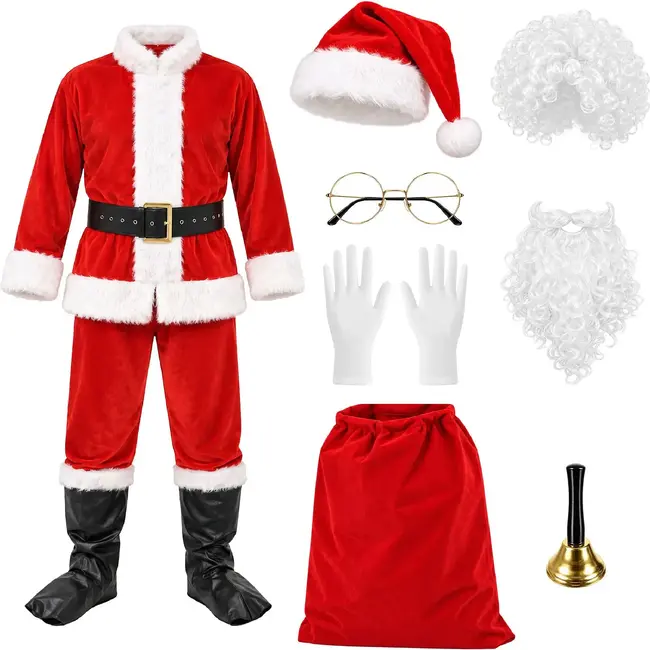 Glimz Kerstmanpak 13-delig - Met baard, pruik, muts, bril, riem, cadeauzak en bel voor kerst