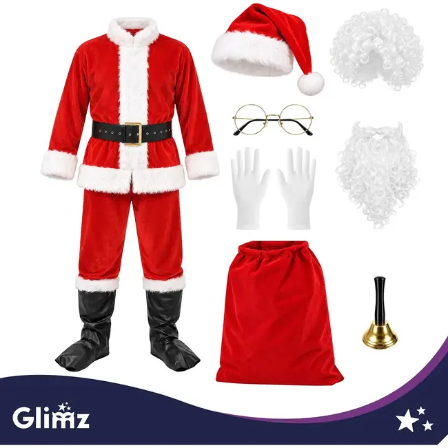 Glimz Kerstmanpak 13-delig - Met baard, pruik, muts, bril, riem, cadeauzak en bel voor kerst