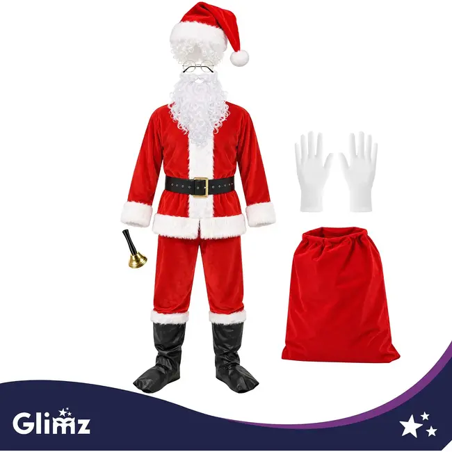 Glimz Kerstmanpak 13-delig - Met baard, pruik, muts, bril, riem, cadeauzak en bel voor kerst