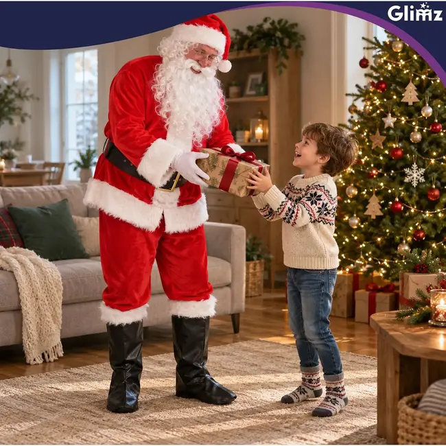 Glimz Kerstmanpak 13-delig - Met baard, pruik, muts, bril, riem, cadeauzak en bel voor kerst