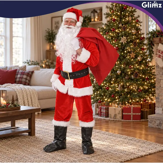 Glimz Kerstmanpak 13-delig - Met baard, pruik, muts, bril, riem, cadeauzak en bel voor kerst