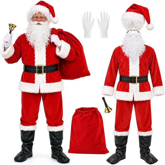 Glimz Kerstmanpak 13-delig - Met baard, pruik, muts, bril, riem, cadeauzak en bel voor kerst