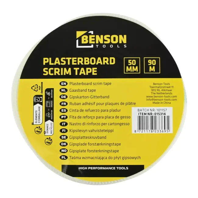 Benson Gaasband 50 mm x 90 m – Wapeningsband met 9 x 9 gaasstructuur voor naden in gipsplaten