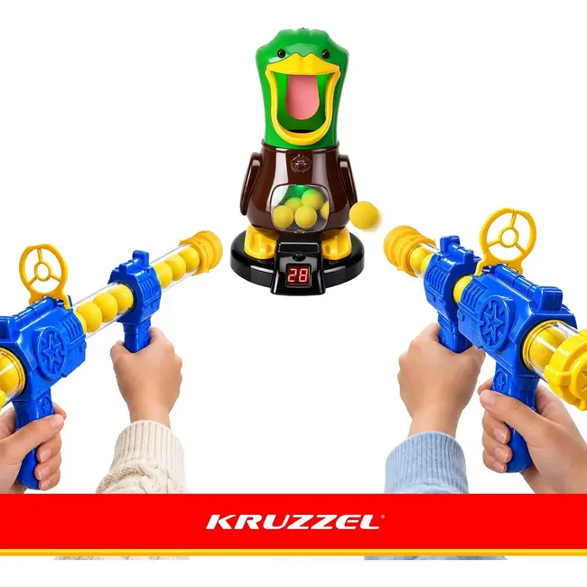 Kruzzel Schietspel met eend en scoreteller - 2 pistolen, 24 schuimballen en geluid bij treffers