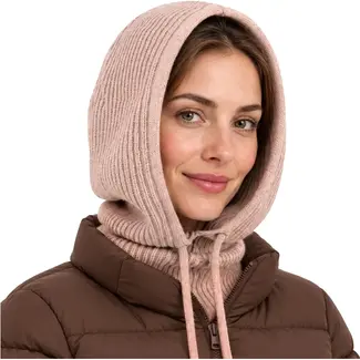 Glimz Wintermuts met sjaal voor dames in beige - geribd breiwerk, 30% wol en aantrekkoordjes