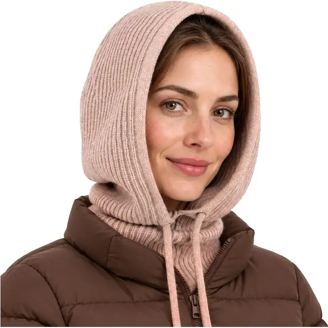 Glimz Wintermuts met sjaal voor dames in beige - geribd breiwerk, 30% wol en aantrekkoordjes