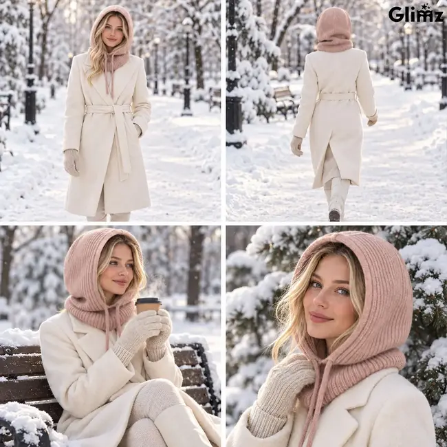 Glimz Wintermuts met sjaal voor dames in beige - geribd breiwerk, 30% wol en aantrekkoordjes