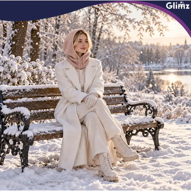 Glimz Wintermuts met sjaal voor dames in beige - geribd breiwerk, 30% wol en aantrekkoordjes