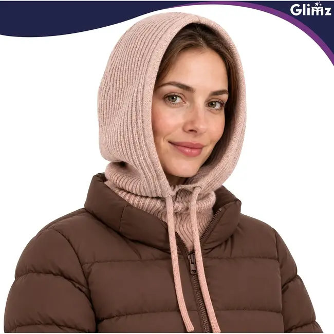 Glimz Wintermuts met sjaal voor dames in beige - geribd breiwerk, 30% wol en aantrekkoordjes
