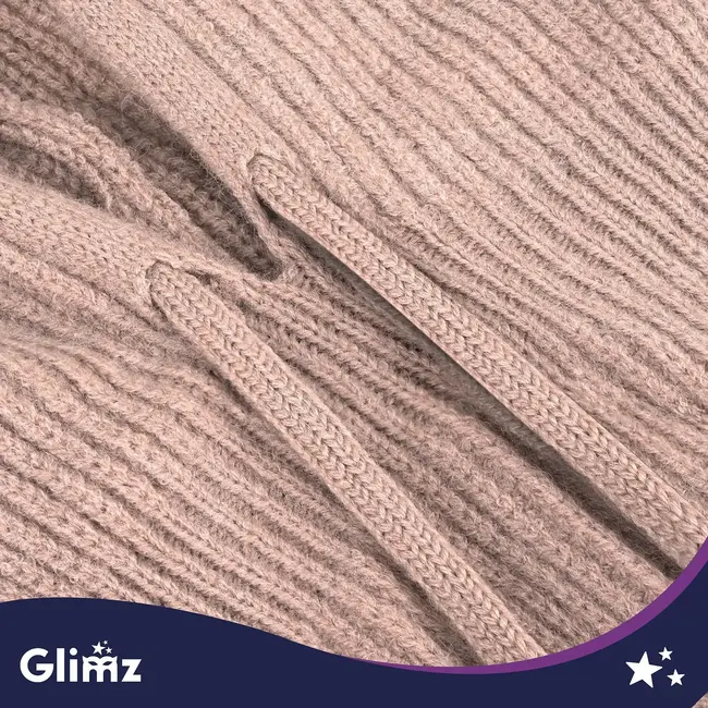 Glimz Wintermuts met sjaal voor dames in beige - geribd breiwerk, 30% wol en aantrekkoordjes