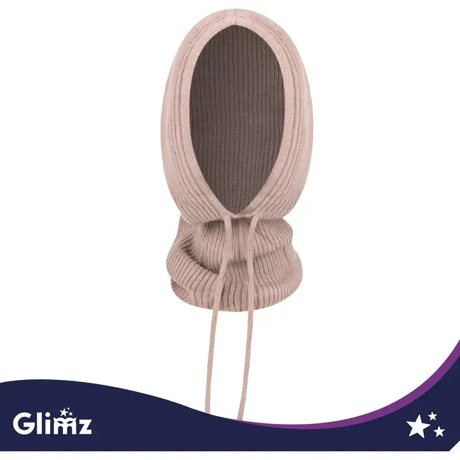 Glimz Wintermuts met sjaal voor dames in beige - geribd breiwerk, 30% wol en aantrekkoordjes