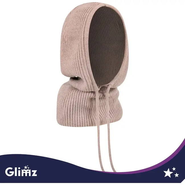 Glimz Wintermuts met sjaal voor dames in beige - geribd breiwerk, 30% wol en aantrekkoordjes