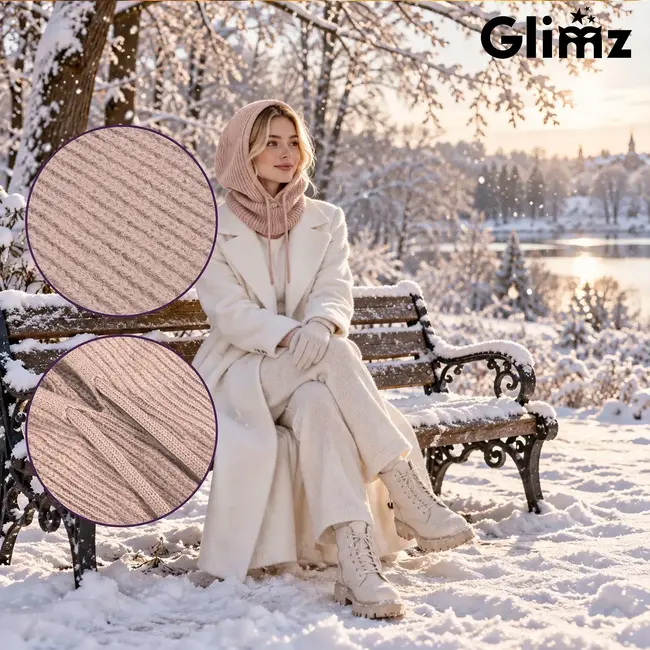 Glimz Wintermuts met sjaal voor dames in beige - geribd breiwerk, 30% wol en aantrekkoordjes