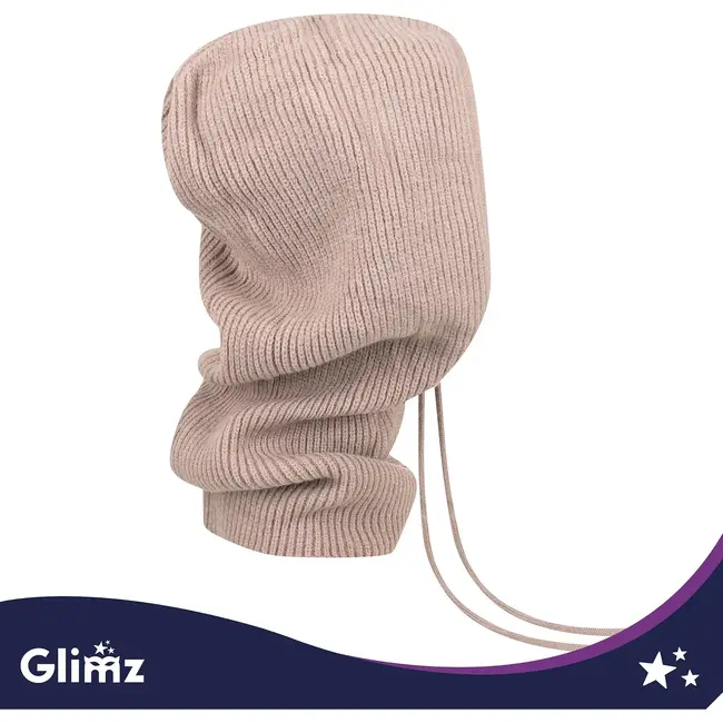 Glimz Wintermuts met sjaal voor dames in beige - geribd breiwerk, 30% wol en aantrekkoordjes