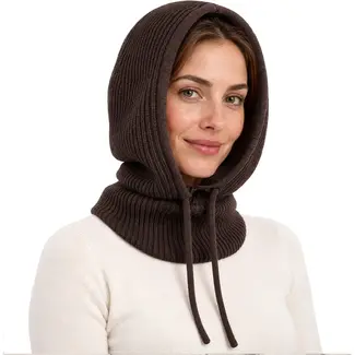 Glimz Wintermuts met sjaal voor dames in bruin - geribd breiwerk, 30% wol en aantrekkoordjes