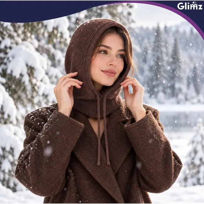 Glimz Wintermuts met sjaal voor dames in bruin - geribd breiwerk, 30% wol en aantrekkoordjes