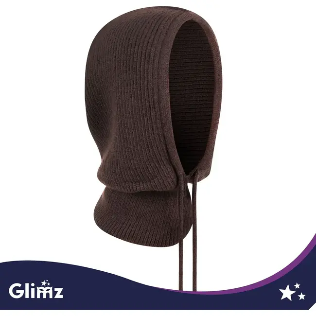 Glimz Wintermuts met sjaal voor dames in bruin - geribd breiwerk, 30% wol en aantrekkoordjes