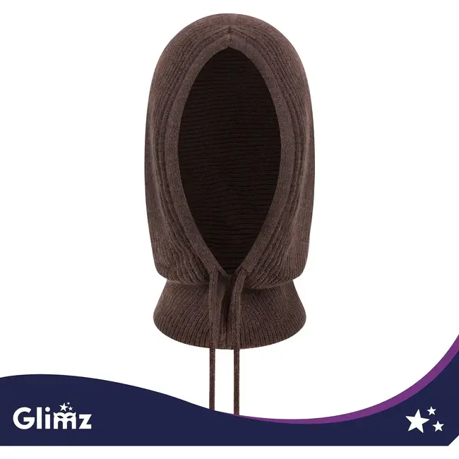 Glimz Wintermuts met sjaal voor dames in bruin - geribd breiwerk, 30% wol en aantrekkoordjes