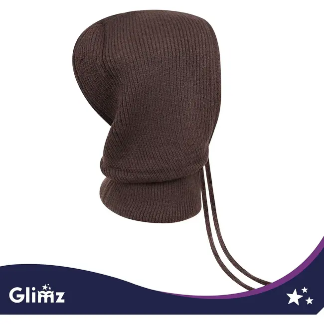 Glimz Wintermuts met sjaal voor dames in bruin - geribd breiwerk, 30% wol en aantrekkoordjes