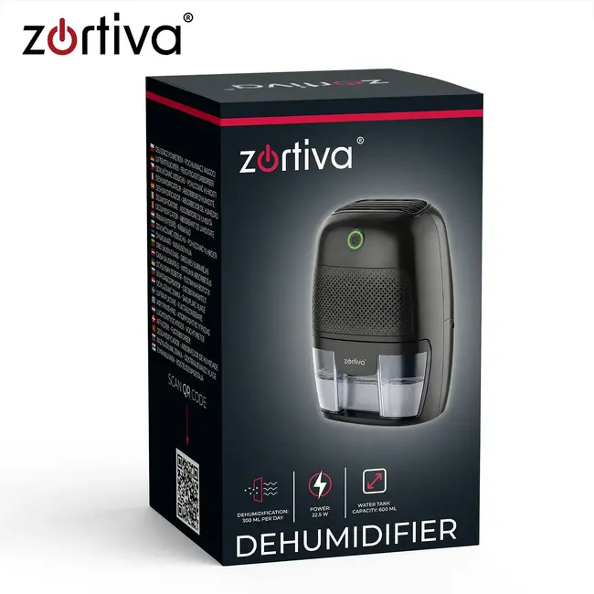 Zortiva Luchtontvochtiger 300 ml/24 uur - zwart, 600 ml reservoir, LED-indicatie en automatische stop