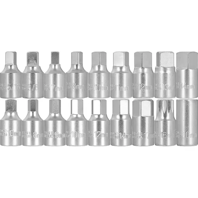 GEKO Olieaftapplug doppenset 18-delig - 3/8 inch, staal 50BV30 en verschillende dopprofielen