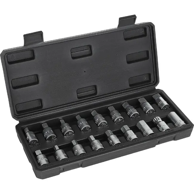 GEKO Olieaftapplug doppenset 18-delig - 3/8 inch, staal 50BV30 en verschillende dopprofielen