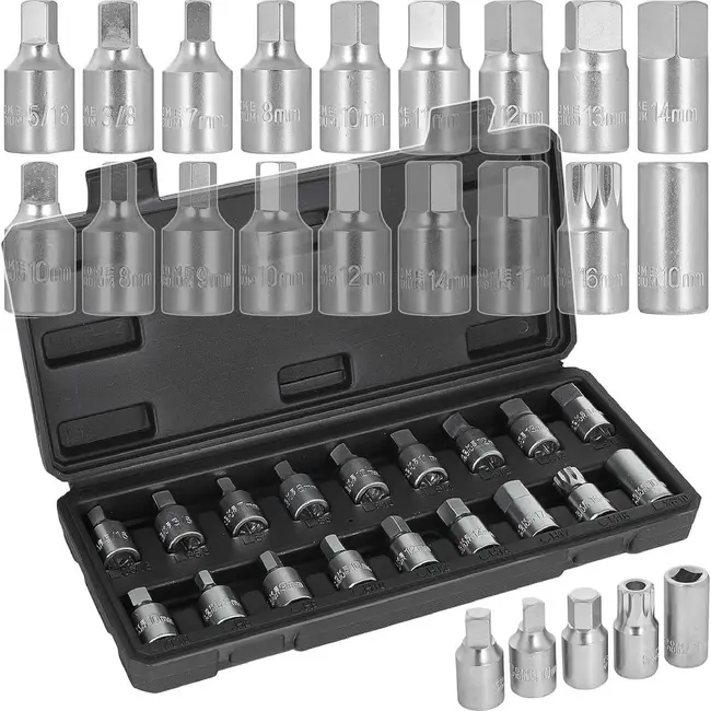 GEKO Olieaftapplug doppenset 18-delig - 3/8 inch, staal 50BV30 en verschillende dopprofielen